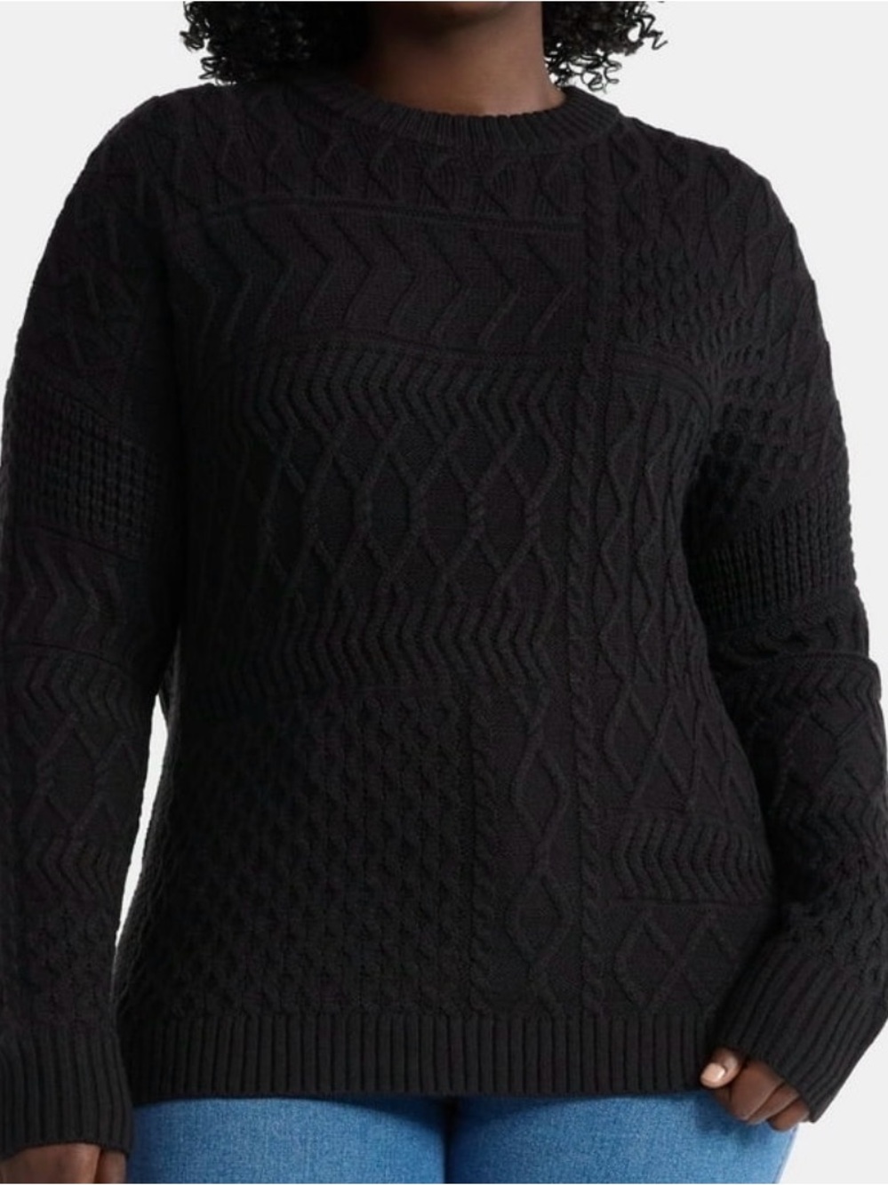 NWT Time and Tru Black Patchwork Cable-Knit Crewneck Sweater Size L